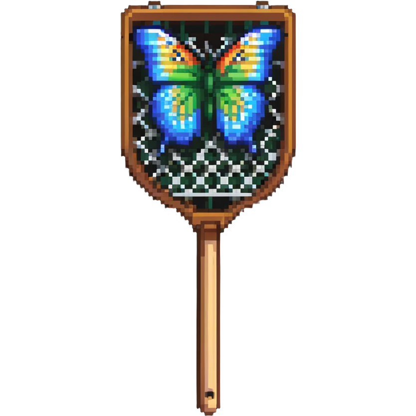 A colorful butterfly net with a wooden handle, badge style emoji