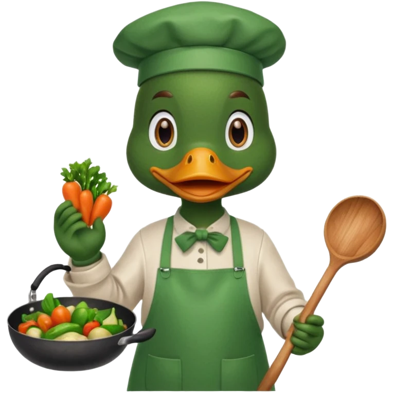 A duck holding a frying pan with sizzling vegetables, wearing green apron emoji