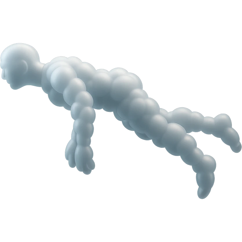 side view of unconscious person flying upwards by torso, legs and arms downwards, made of small very bright white fluffy convex clouds, matte glass style emoji
