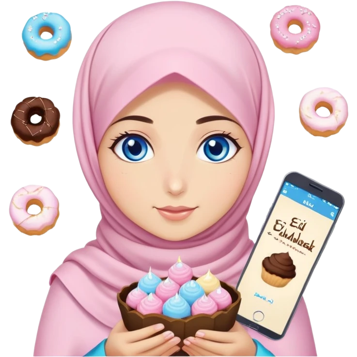 Turkish beautiful finish Konya girl blue eyes with pastel sakura hijab islamic dress and had on her hand text Eid Mubarak with sweets and celebrating with her friends eid days   emoji
