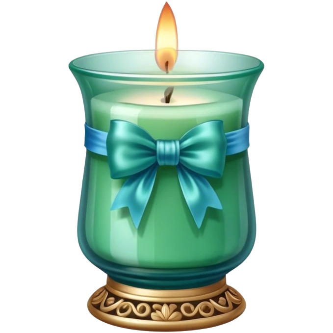 A soft blue candle in an ornate green glass holder, tied with a delicate satin blue bow. emoji