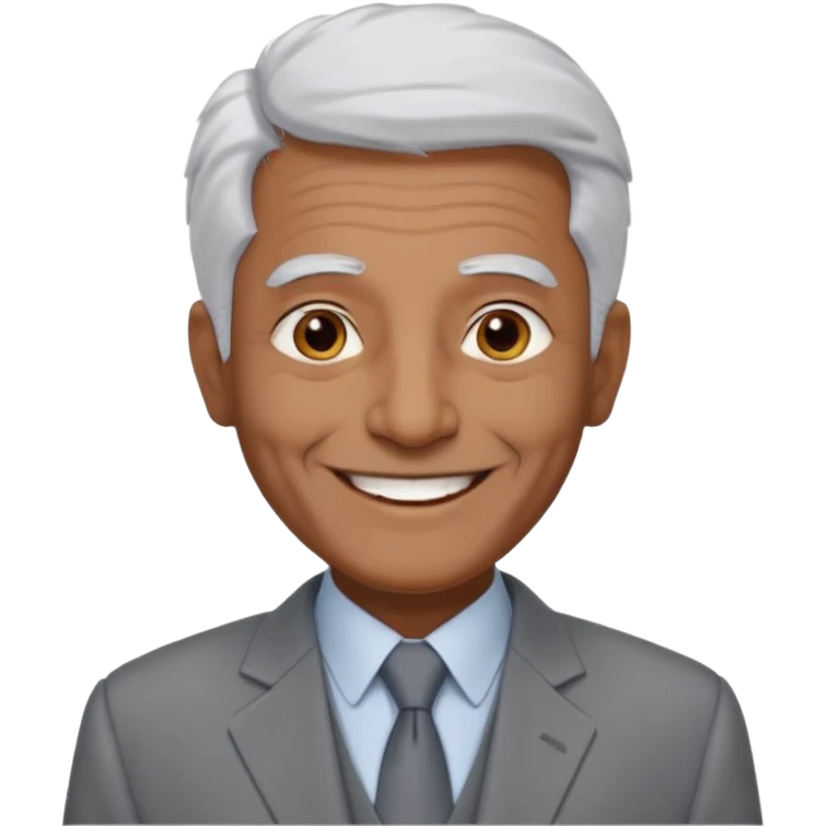 70 yr old man, very short spike white hair, pakistani, light grey business suit, big smile, dark skin, no facial hair, less hair
 emoji