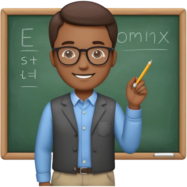 "Create a cute and detailed emoji of a male teacher writing on a chalkboard. The teacher is smiling, wearing glasses, and dressed in a casual shirt and pants. He is holding a piece of chalk and writing something on the blackboard. The style should be colorful, friendly, and cartoon-like, with simple and clear lines." emoji
