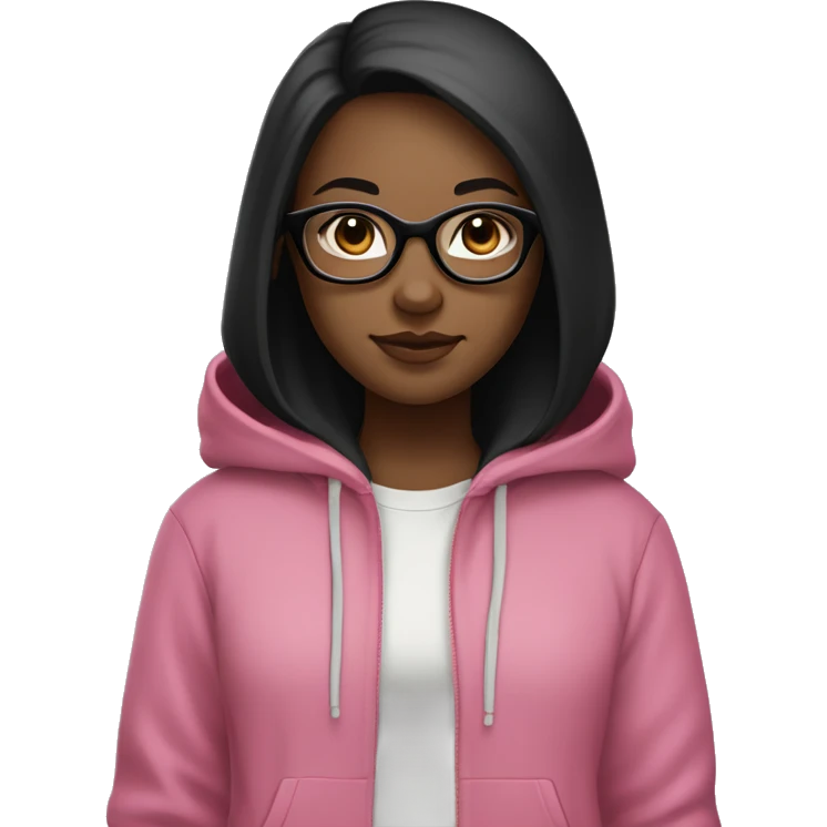 A young girl with long, straight black hair parted in the middle, wearing square pink glasses, pale skin, and a black hoodie. She has a round face, a casual, relaxed expression emoji