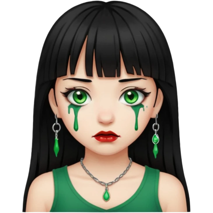 Guria com cabelo preto franjinha sangrando olhos verdes  fundo preto e um piercing bridgepiercing emoji
