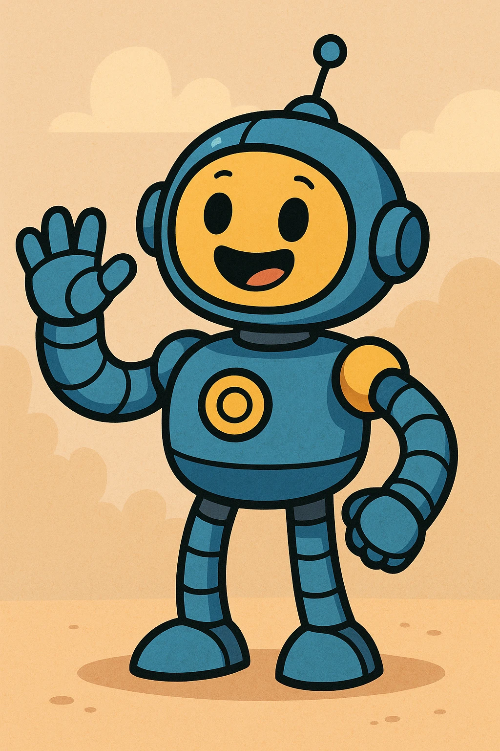 cartoon robot, round shapes, blue and yellow colors, waving, simple background emoji