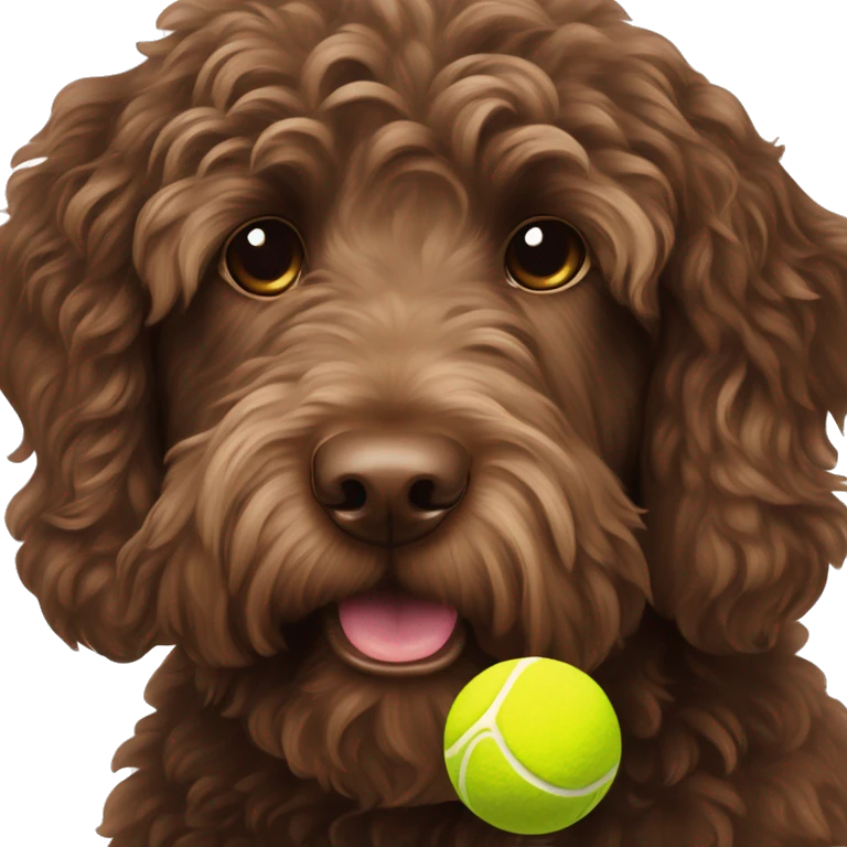 Chocolate labradoodle with tennis ball emoji
