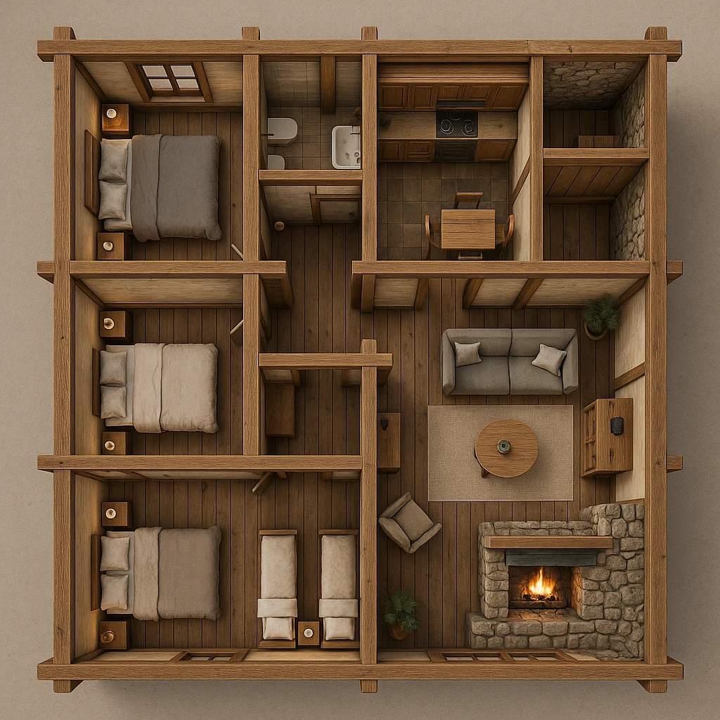 3D floor plan in rustic style, four bedrooms, two bathrooms, separate kitchen, living room with fireplace, storage room, exposed beams, wood and stone materials, top view, cozy atmosphere emoji
