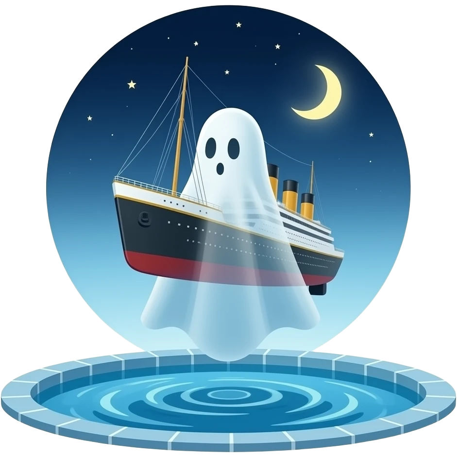 the ghostly ship Titanic hovers in the night sky above a pool of water emoji