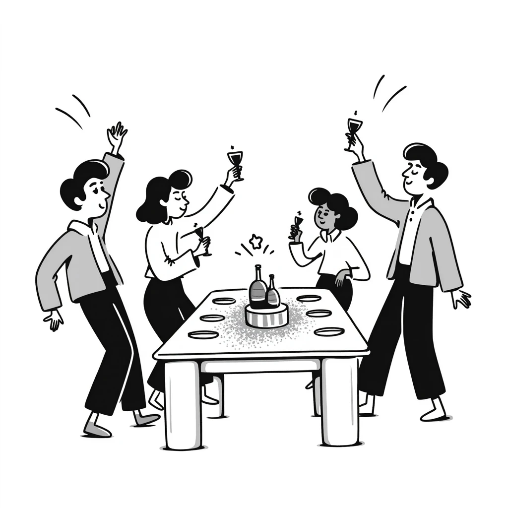 fun office holiday party with coworkers dancing, drinking and socializing around a decorated conference table emoji