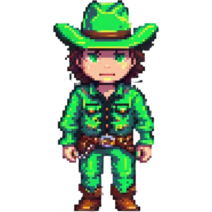 Pixel art of a cowboy character with green outfit and hat emoji