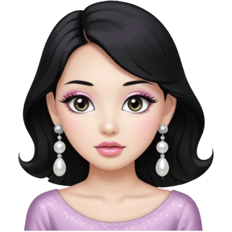 asian long voluminous black hair silver grey eyes glossy lips glittery white and light pink eyeshadow girl pearl earrings emoji