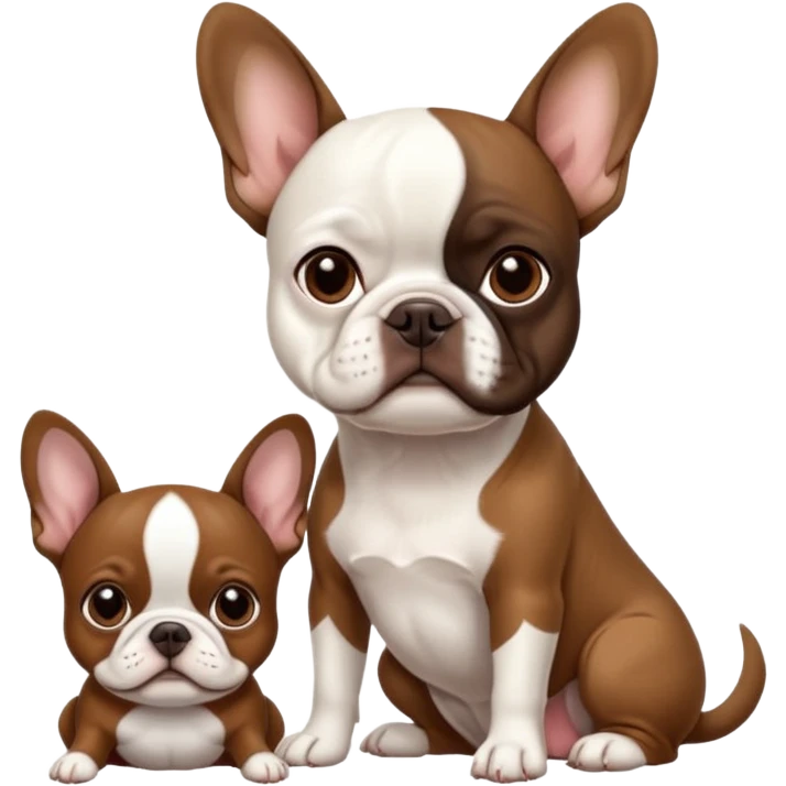 All pure white French bulldog sitting next to skinny brown Boston terrier emoji