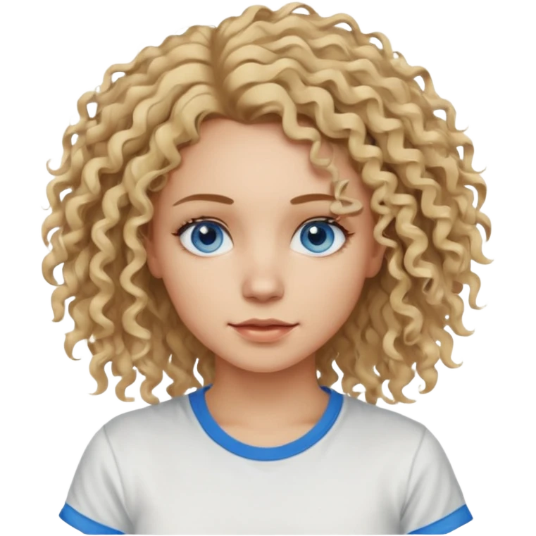 This is a 2D digital anime-style portrait of a female, caucasian, 29 years old light skin. The person has messy dirty blond curly hair shoulder long, round blue eyes.  emoji