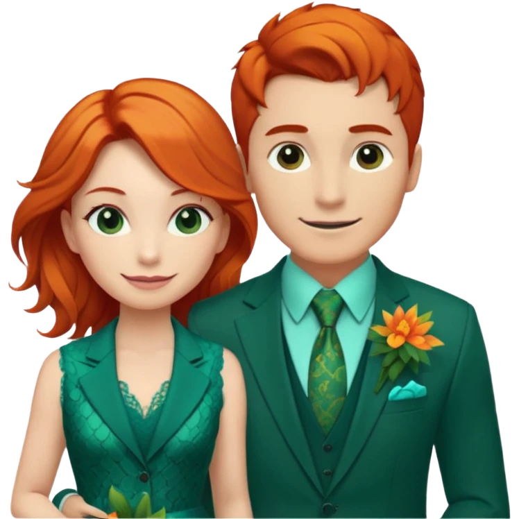  The man, with red hair and visible snake scales, wears a dark green suit with a green tie and an orange boutonnière. The woman, with blonde hair, wears a turquoise ballgown with lace details and holds a colorful tropical bouquet. They smile at each other.  emoji