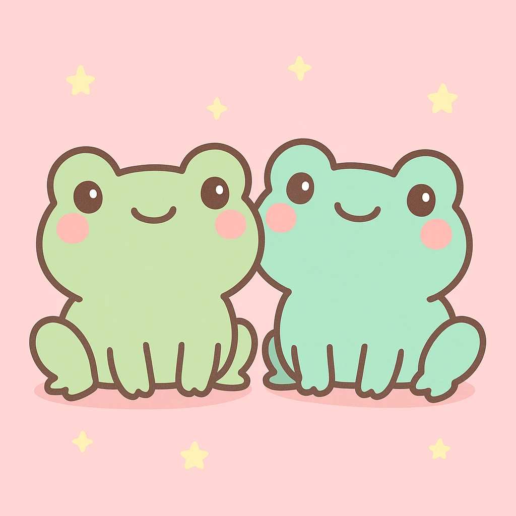 two cute frog friends sitting together, cheerful, cartoon style emoji