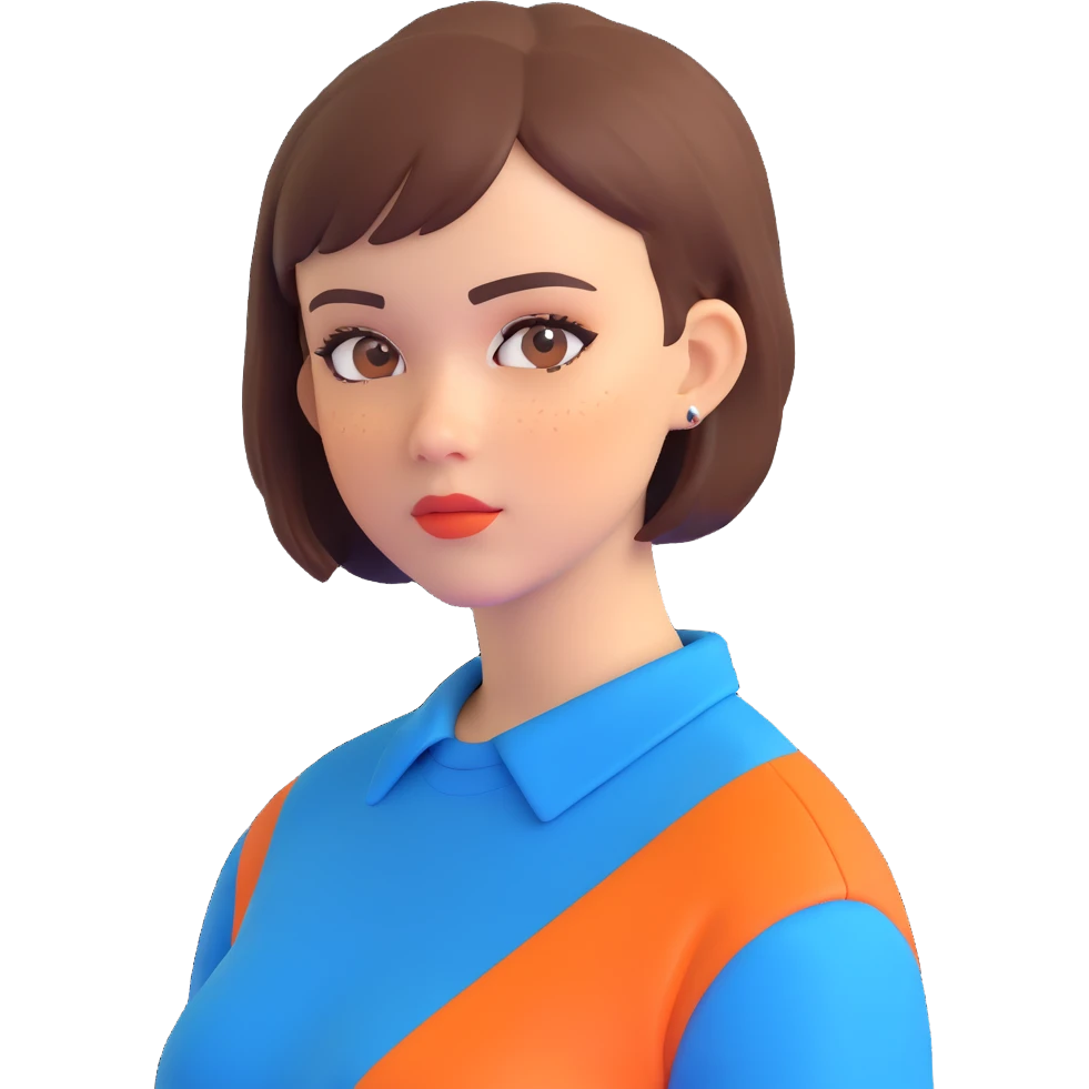 profile picture of a 22-year-old girl with short hair, cool tone makeup, blue shirt emoji
