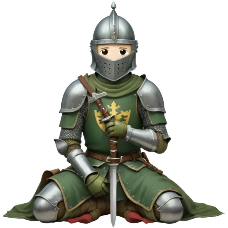 A lone medieval knight in a green worn armor kneels. His helmet is closed, hiding his face, conveying silence, exhaustion and contemplation. A long sword is planted in the ground beside him, its hilt resting near his gloved hands as if he is praying or resting after battle. emoji