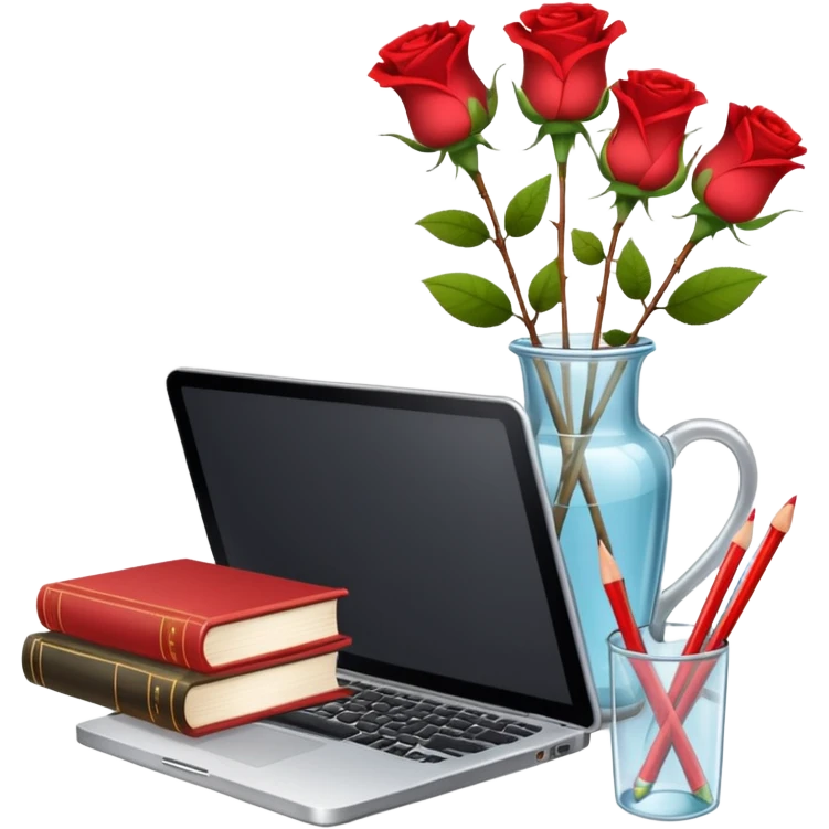 crear una  pizarra grande con libros a un lado, cuadernos, lapices, creyones, un vaso de cristal con rosas rojas, morral, lapto, estilo vector emoji
