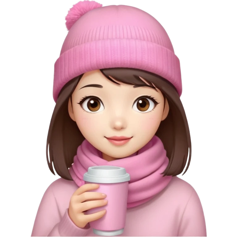 Cute East Asian girl, soft fair skin, big brown eyes, long lashes, natural pink lips, inward brown bob with straight bangs. Wearing pink beanie and scarf, rosy cheeks, shy smile, holding warm drink,  emoji