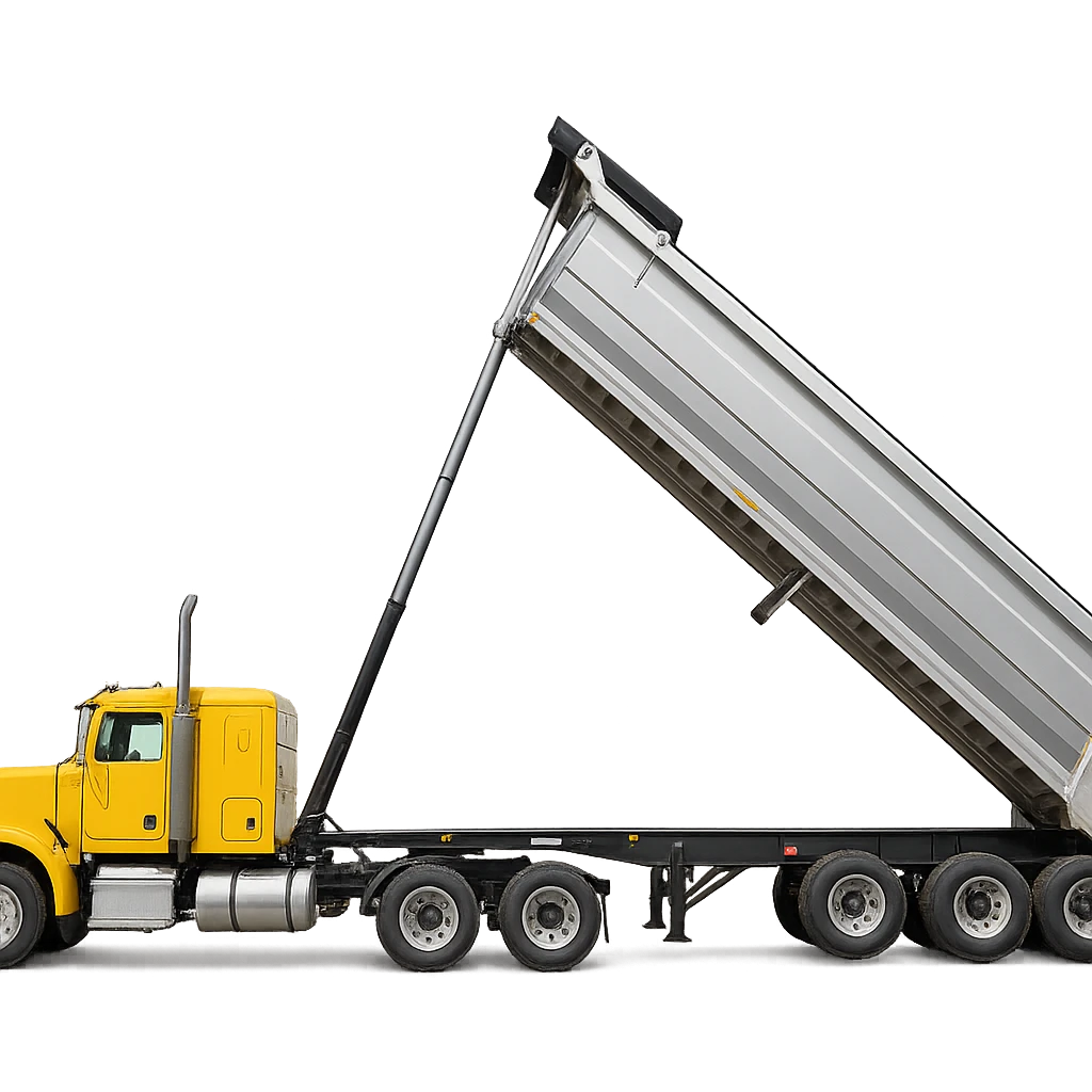 yellow semi sleeper truck with long silver end dump trailer, trailer raised in dumping position, side view, no background emoji