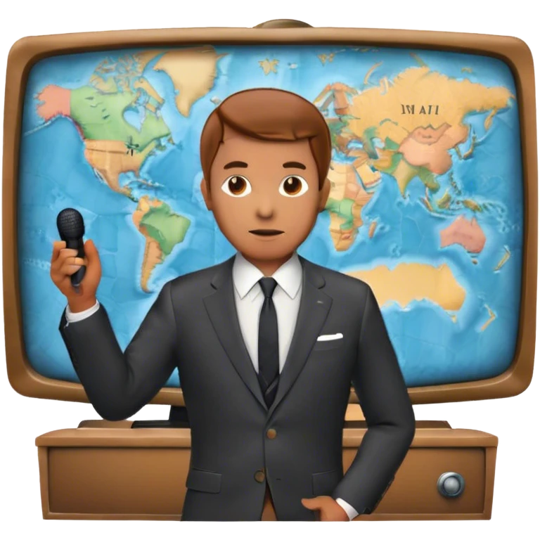 Icon for Documentary Film (TV style): A large vintage TV screen with a serious-looking host standing in front of a map. The host holds a microphone, and the map displays historical or geographical information. Retro TV broadcast style. Transparent background. emoji