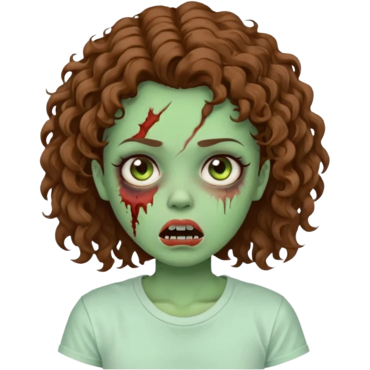 Zombie girl with curly brown hair como emoji de iphone y con la boca un poco lastimada haz que tenga una simple remera blanca puesta pero que sea zombie verde emoji