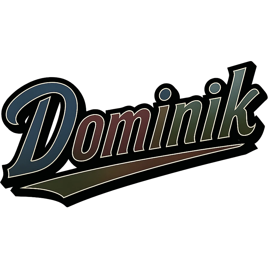 Dominik name in masculine, modern gradient font with dark contour and thin white edging, dynamic slanted underline, masculine color shades (blue, gray, burgundy, green, brown), 1000x1000 px, PNG, transparent background, in the style of the uploaded Attila sample. emoji