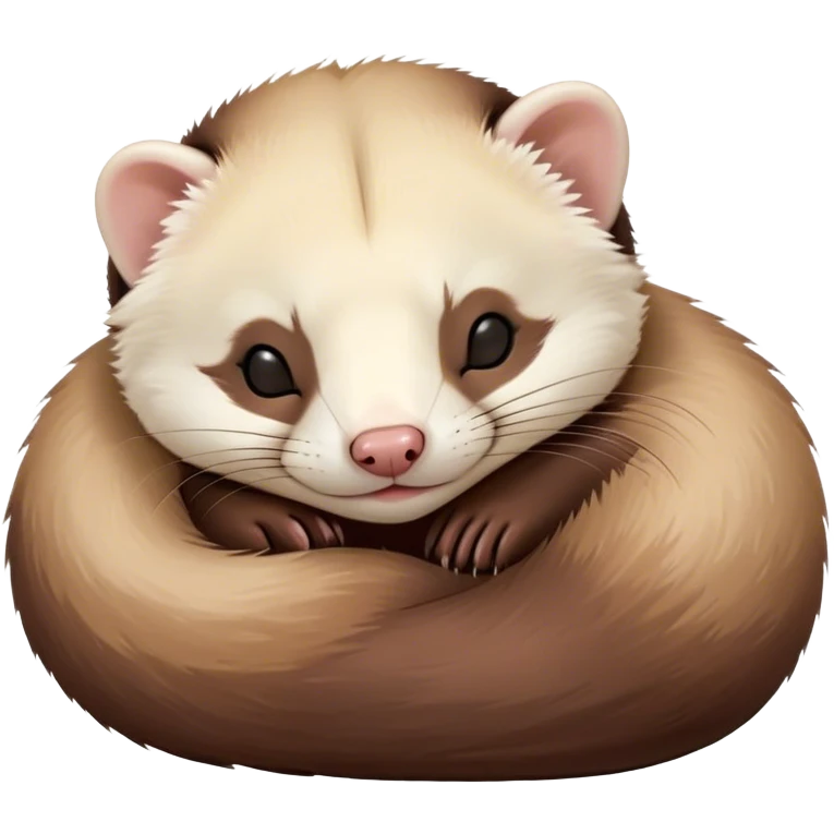 Meme-Worthy Cute Sleeping sable ferret Portrait Emoji, Head resting peacefully with a contented smile, showcasing a long, flexible body curled up in cozy repose, luxuriously soft fur in warm brown and cream, and eyes gently closed in serene slumber, Simplified yet hilariously adorable features, highly detailed, glowing with a soft, drowsy natural light, high shine, relaxed and utterly lovable, stylized with an air of playful laziness, bright and heartwarming, soft glowing outline, capturing the essence of a sleeping sable ferret that feels destined to become the next viral sensation of adorable rest! emoji