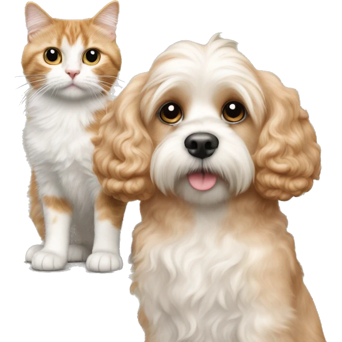 a blond apricot colored cavapoo dog standing next to a calico cat  emoji