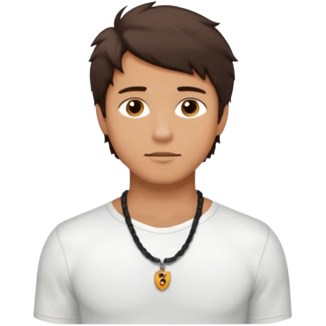 create an emoji of a young man. he has a surfer look, with short messy dark brown hair, brown eyes, tanned skin, natural lips. he wears a white tight shell necklace with a white shirt emoji