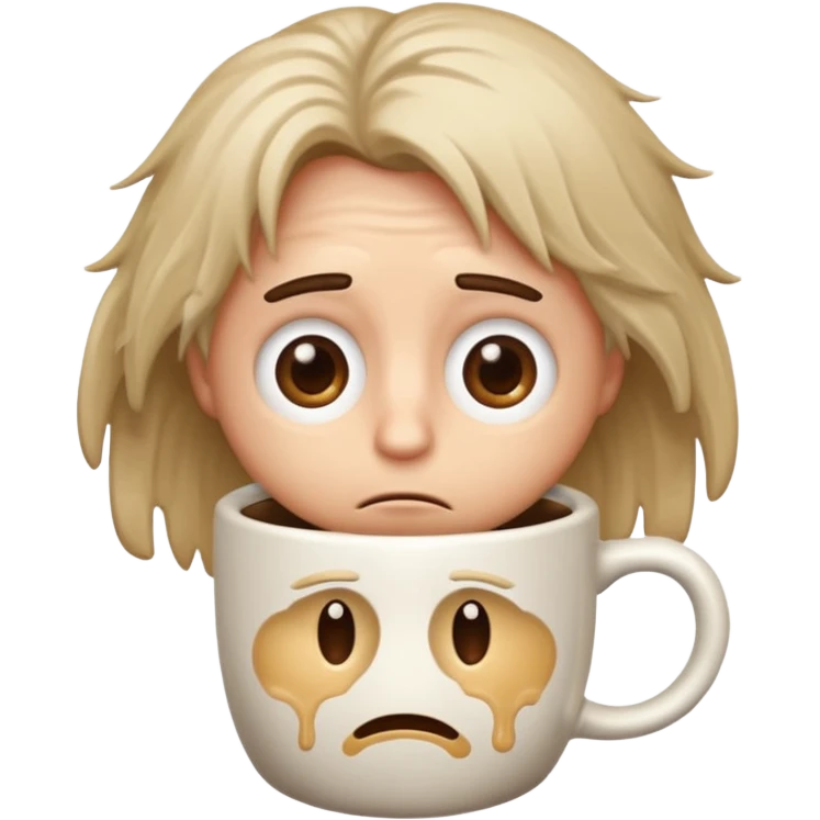 classic emoji style face with messy hair, droopy eyes, and a coffee cup, looking hungover emoji