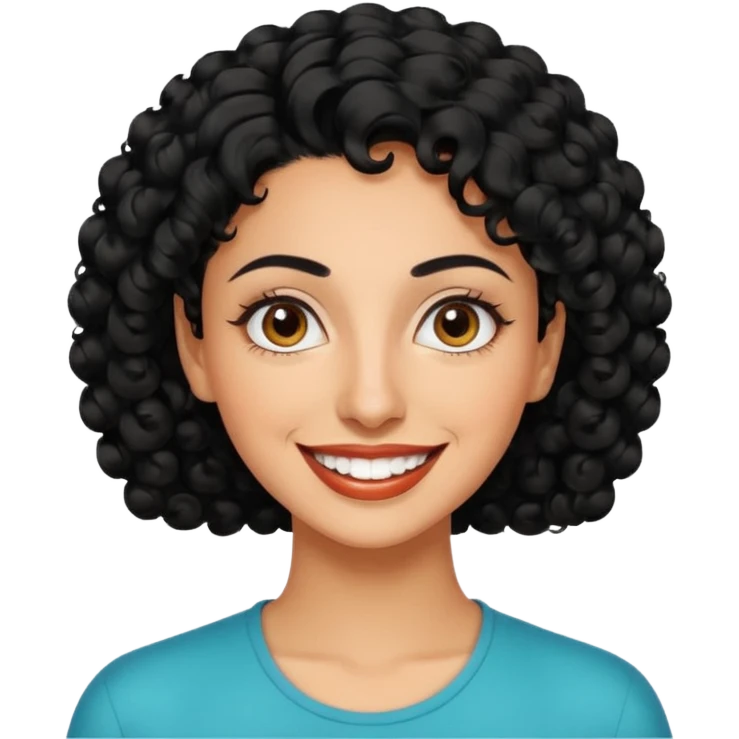 30 year old iranian woman very short curly black hair, big brown eyes, tanned skin, big smile, white teeth, pretty, stylish, shorter hair, boy cut hair emoji