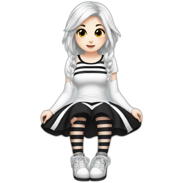 Frontal view curvy emo girl sits white skirt striped stockings hands up emoji