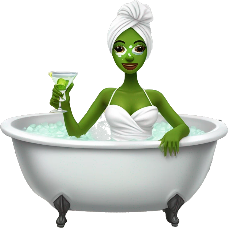 Girl with white towel wrapped around hair and cucumbers on eyes with green face mask and manicure  holding a martini glass and bottle in black high heels kicking feet out in bubble bathtub  emoji