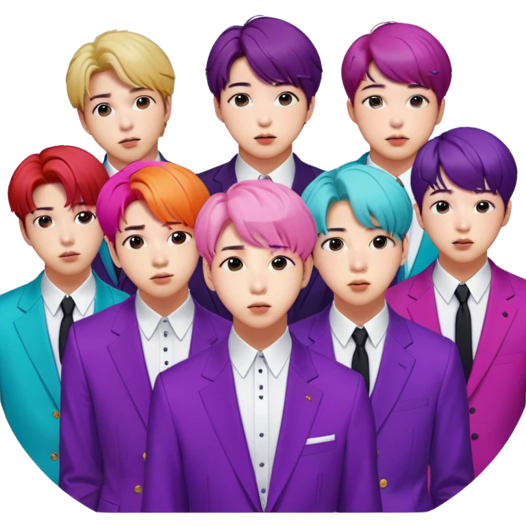 Cinematic Realistic group portrait of BTS featuring all 7 members in stylish modern attire, with detailed facial expressions and vibrant colors, captured in dynamic, contemporary lighting that emphasizes their global pop icon status emoji