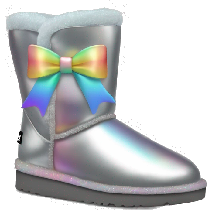 Realistic silver iridescent Ugg boots with pastel rainbow bow. emoji