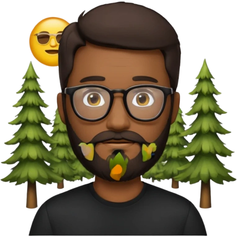 create a emoji man with beard black and dark brown hair , and glasses wooded color, sunkissed skin color, with a IA simbol and black shirt emoji