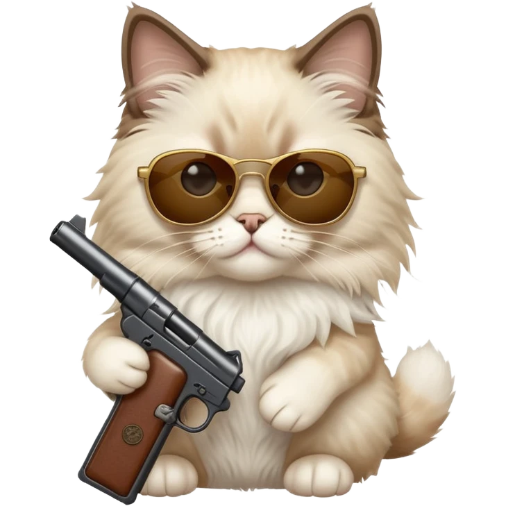 One ragdoll cat with sunglasses holding a small gun emoji