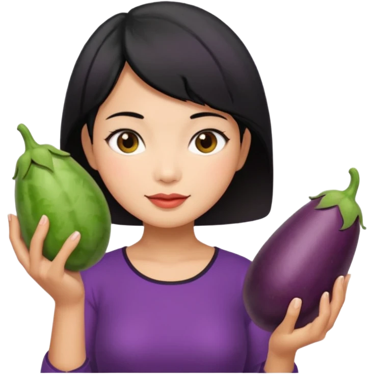 Vietnamese lady with short hair holding eggplant emoji