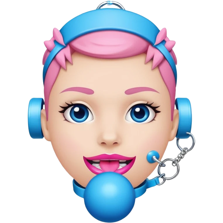 Blue ball for the gag on a ball gag with a white attachment collar with pink  studs on the collar  emoji