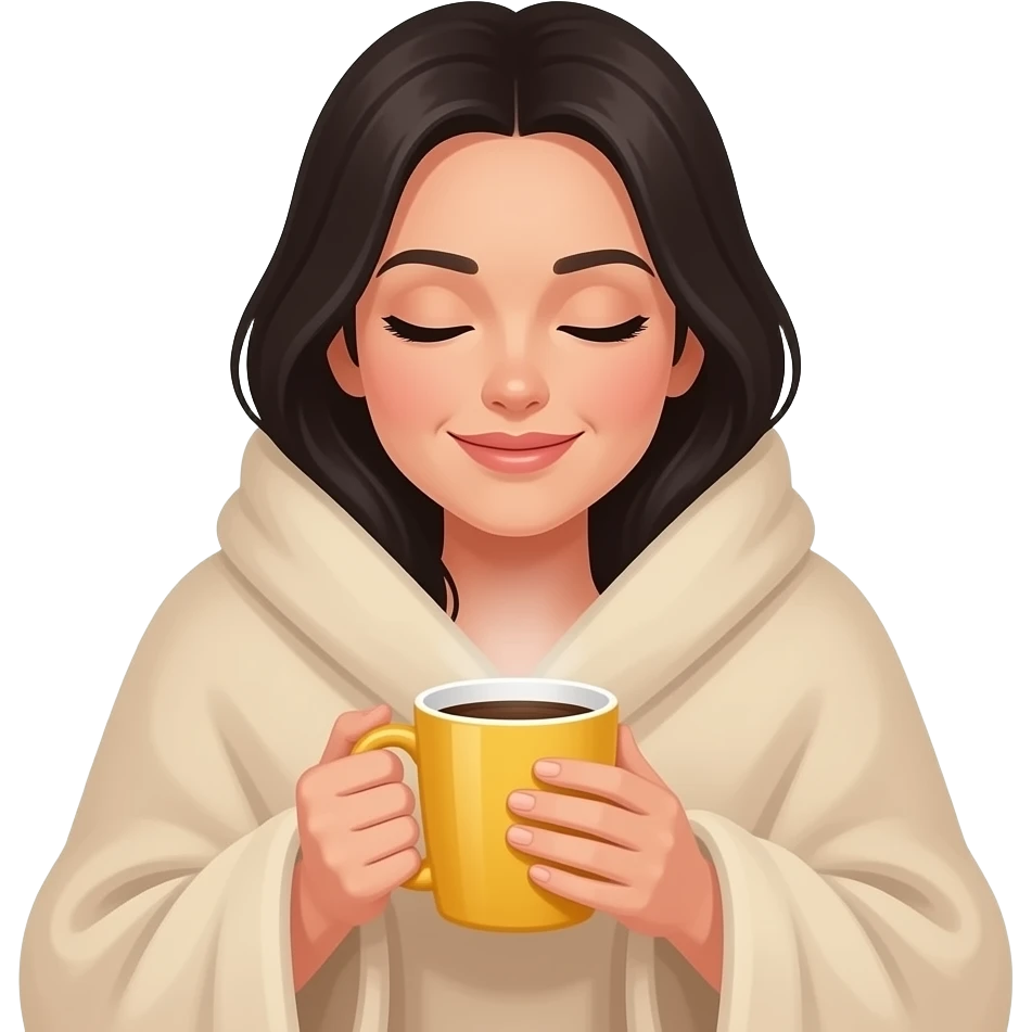A white woman with black hair, with a large beige blanket, drinking coffee in a yellow mug, cozy and peace, iPhone emoji style emoji