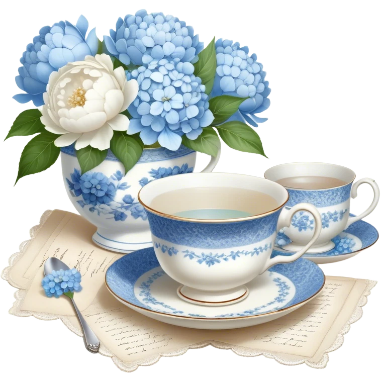 A serene still life of a vintage porcelain teacup with delicate blue floral patterns, resting on a lace tablecloth, accompanied by a handwritten love letter tied with a pearl ribbon and surrounded by white peonies and pale blue hydrangeas. emoji