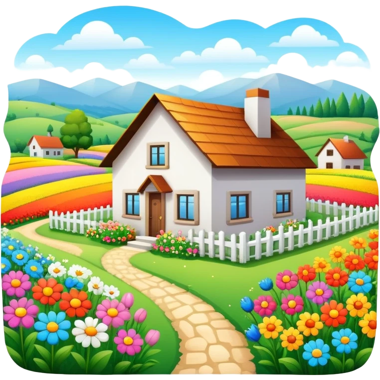 white countryside home in flower field emoji