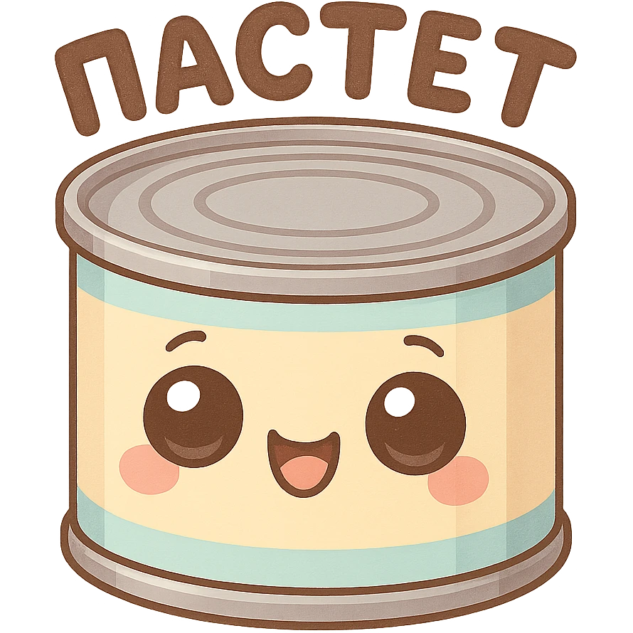 A cute tin can of pâté with big expressive cartoon eyes, smiling and happy face, kawaii style, pastel colors, soft shading, simple background, adorable character design, high quality illustration, playful and funny mood, text on top saying "ПАСТЕТ" in bold cute Cyrillic letters emoji