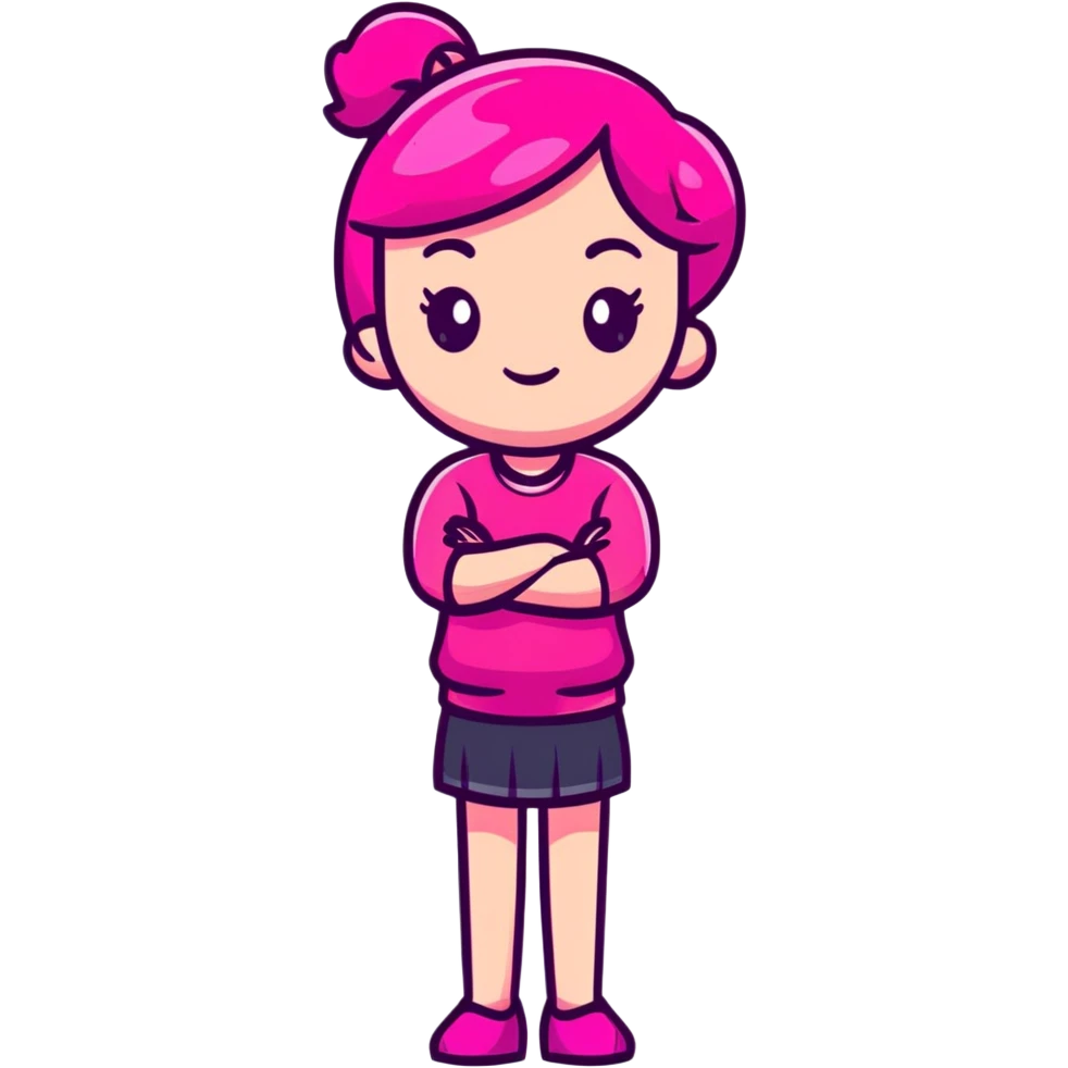 Shy girl character with arms crossed, transparent glass style, bright pink gradient, soft shadows and highlights, minimalist cute design emoji