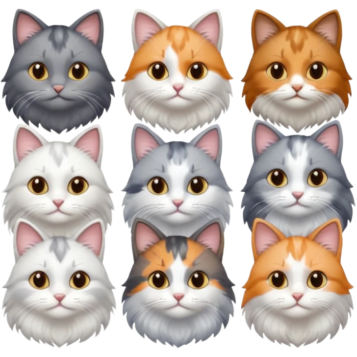 6 realistic looking cats with different natural coloured coats, assorted grey and white, greys, calico, brown and white colours etc
 emoji