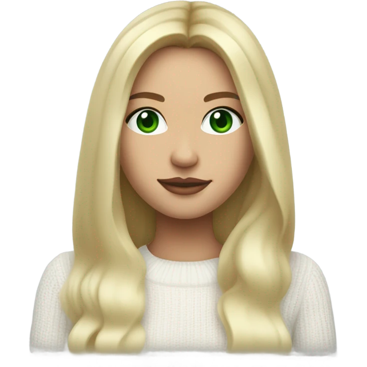 solo blonde girl with green eyes, smooth skin, white sweater, long blow out hair, baddie, middle part emoji