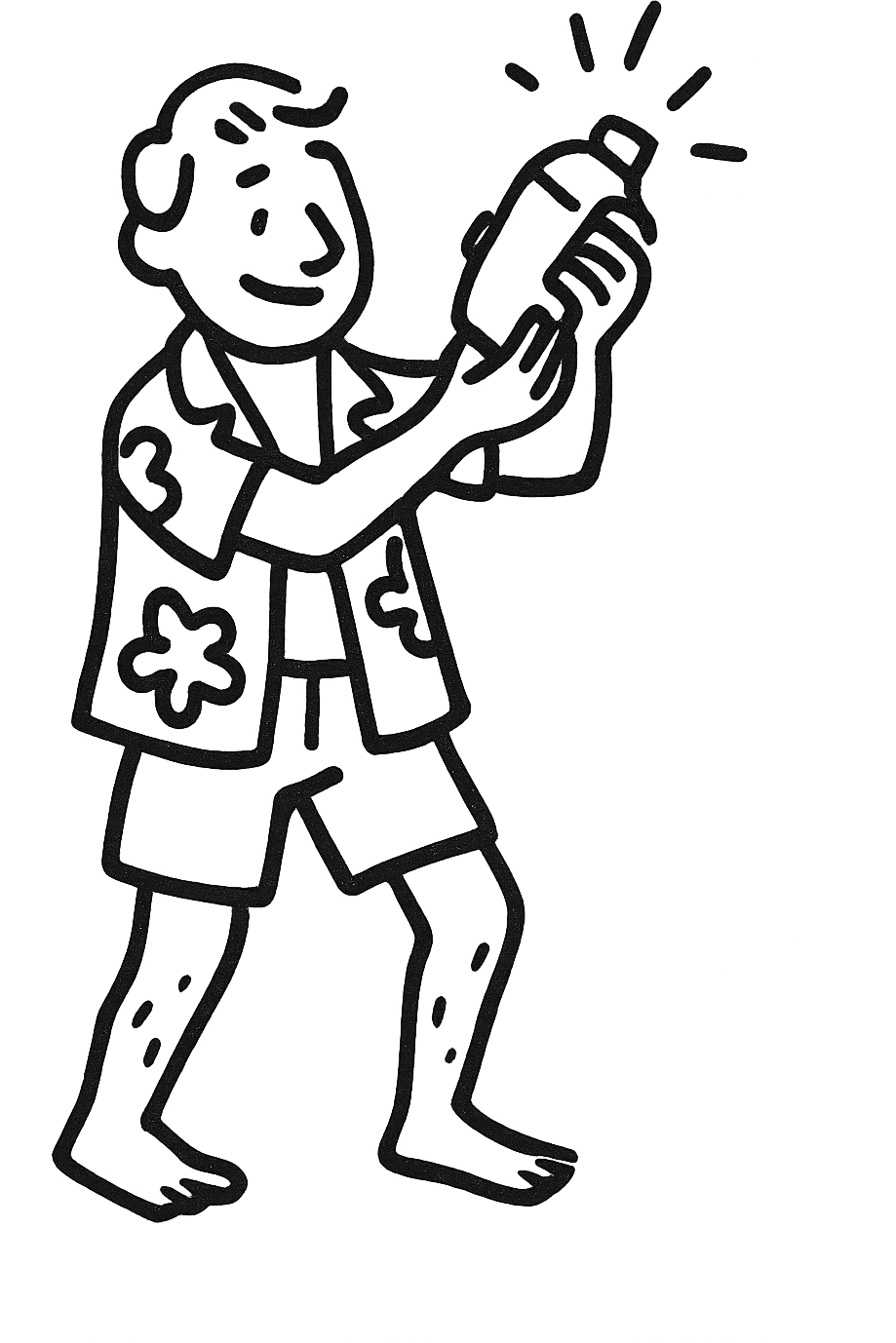 human male Unbuttoned Hawaiian shirt, swim trunks, shaking a cocktail shaker (sparks flying) emoji