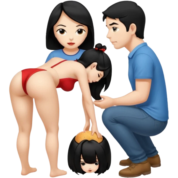 I want a female with black hair in doggystyle sex position with her head facing me and her ass facing away & then a guy behind her eating her ass emoji